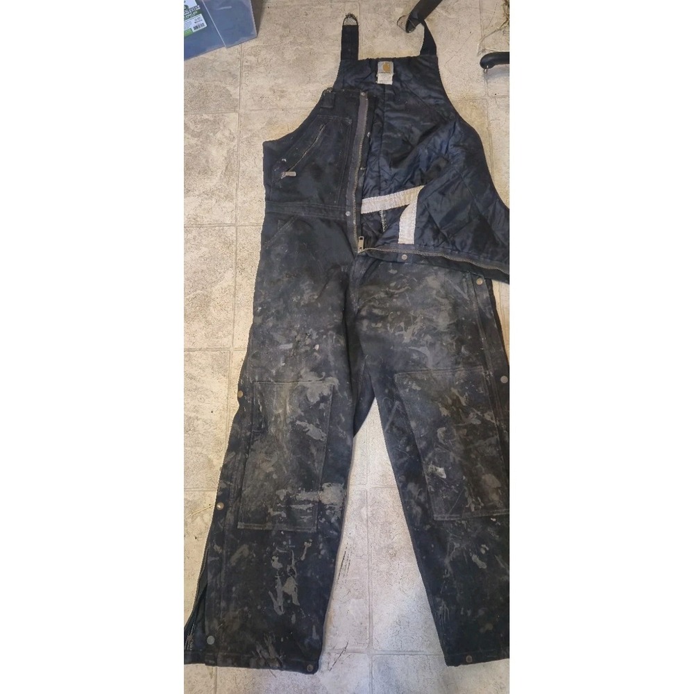 Vintage Carhartt‎ Insulated Bib Overalls 34x30 Black Distressed Paint